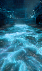 Poster - Futuristic aqueous environment with glowing blue energy emanating from ripples in liquid surface and structure