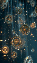Poster - Steampunk gears and cogs cascading through a stream of light shining a unique and abstract mechanical design