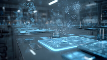 Poster - Futuristic laboratory with holographic displays and advanced technology, embodying scientific progress and innovation