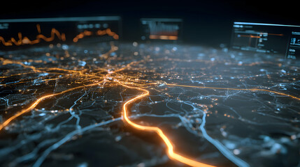 Poster - Digital data network with light trails across city skyline and stock market analysis screens view