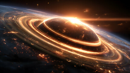 Poster - Mystical cosmic panorama showcasing a bright planet surrounded by luminous golden rings and nebulae