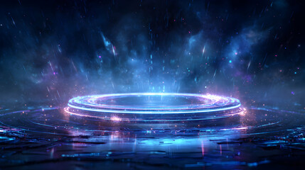 Poster - abstract technological stage with neon circle platform against a dark galaxy background design effec
