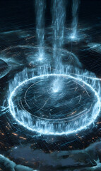 Poster - futuristic technological portal with swirling energy radiating downward toward earth illuminating ci
