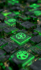Poster - Illuminated green glowing technology with intricate motherboard details and circular symbols creating an advanced cybernetic landscape