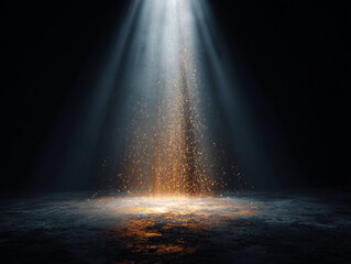 Poster - A dramatic spotlight shining down onto a dark surface with a shower of golden particles in the air
