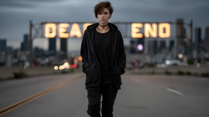 Poster - Young woman in black clothes walking in the middle of an empty road with a glowing sign 