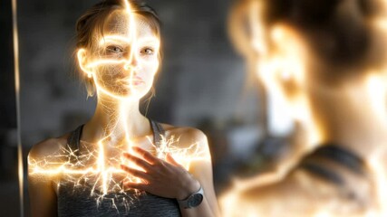 Poster - Woman with superimposed light effects in the form of electrical discharges or lightning, creating a futuristic/sci-fi image