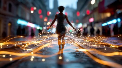Poster - Woman walking down a city street with magical light waves and energy flows coming from her feet against a backdrop of blurred city lights