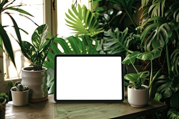 Poster - High Resolution Image of Blank Digital Tablet Screen in Houseplants Background