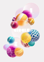 Fototapete - 3D colorful circles and balls in glass morphism style.  Geometric poster design with transparent shapes on white background.