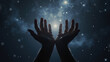 © NARUMOL - Hands reaching towards starry sky, symbolizing hope and aspiration, surrounded by cosmic elements and dark atmosphere
