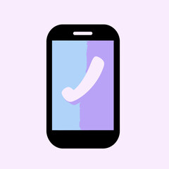 Poster - Minimalist flat vector smartphone icon with gradient blue purple screen displaying white phone receiver symbol for call and communication concept design