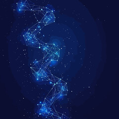 Poster - Abstract glowing blue DNA strand composed of polygonal connected points and lines on dark starry background technology and science concept vector illustration