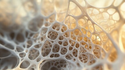 Poster - Close-up 3D abstraction of a porous organic structure with intricate, lace-like networks, resembling the spongy interior of a bone. Generated AI
