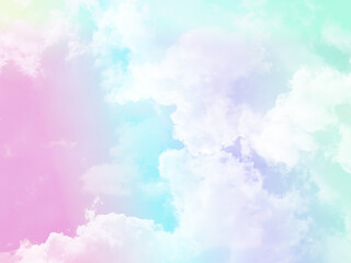 Wall Mural - beauty sweet pastel pink and green colorful with fluffy clouds on sky. multi color rainbow image. abstract fantasy growing light