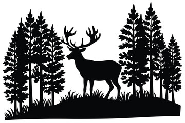  Deer silhouette in forest scene nature vector illustration background