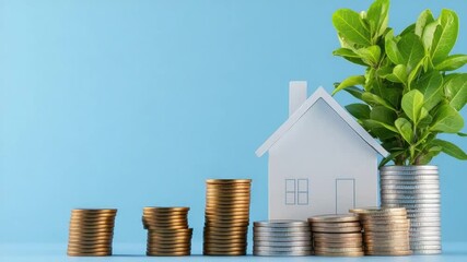 Poster - Growth Concept with House Model, Coins and Green Plant on Blue Background Representing Investment and Prosperity