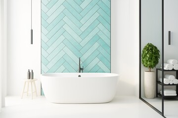 Aufkleber - Modern minimalist bathroom interior with white freestanding bathtub and aqua herringbone tile wall in bright room design concept.