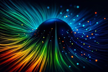 Fototapete - Abstract glowing fiber optic strands radiating from a central sphere on a dark background, symbolizing data flow and digital light concept.