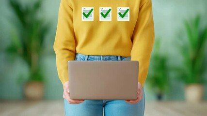 Poster - Person in yellow sweater holding laptop with checkmarks on background emphasizing success and achievement in work