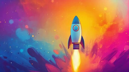 Poster - Vibrant Rocket Launch Against Colorful Abstract Background with Dynamic Flames and Bright Hues 4k video footage
