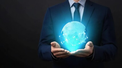 Poster - Businessman in Suit Holding Floating Light Blue Digital Connections with Technology Background