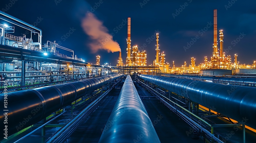 Illuminated Oil Refinery at Night with Industrial Pipelines and Smoking ...