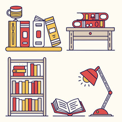 Fototapete - Colorful illustration of bookshelf table lamp and open book with flat line style