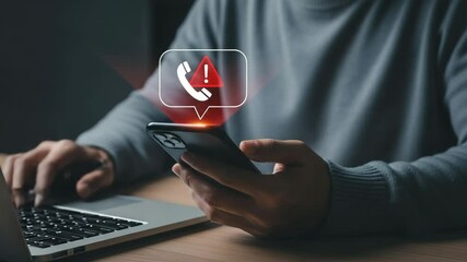 Poster - Person holding smartphone with missed call notification near laptop on wooden surface indoors