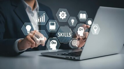 Poster - Person using a laptop with skills icons overlayed showing gears, book, lightbulb, and target symbols