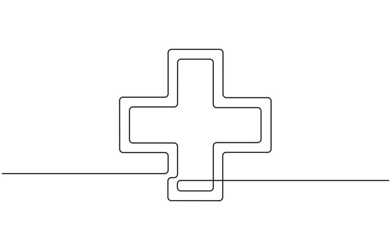 Medical cross one continuous line drawing. One line icon. Medical help sign icon, Heart with Heartbeat Sign and with Cross continuous one line drawing, Continuous line drawing of medical cross .