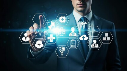 Poster - Man in suit interacting with medical icons on a digital interface with a dark blue background