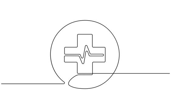 Medical cross one continuous line drawing. One line icon. Medical help sign icon, Heart with Heartbeat Sign and with Cross continuous one line drawing, Continuous line drawing of medical cross .
