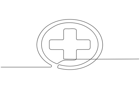 Medical cross one continuous line drawing. One line icon. Medical help sign icon, Heart with Heartbeat Sign and with Cross continuous one line drawing, Continuous line drawing of medical cross .