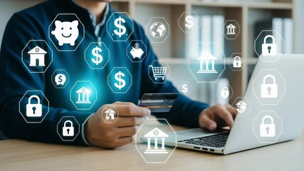 Poster - Man holds credit card with laptop and digital banking icons for online transactions use case