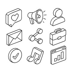 Poster - Nine isometric icons depicting communication, sharing, and business concepts