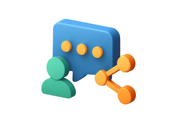 Poster - 3D illustration of communication and sharing.  A blue speech bubble with orange share icon and teal people icons symbolize connection and interaction