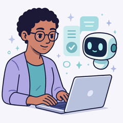 Poster - Search concept. Character using artificial intelligence generative tools for searching or browsing internet. Woman integrating with robot