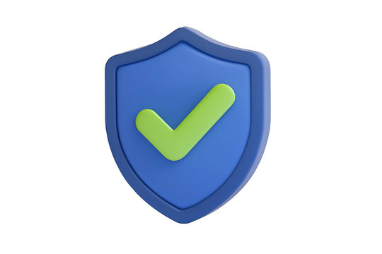 A 3D-rendered blue shield icon with a green checkmark, symbolizing security and approval