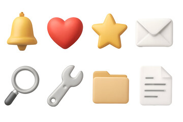 Poster - Eight 3D rendered icons depicting notification, like, star, mail, search, settings, folder, and document