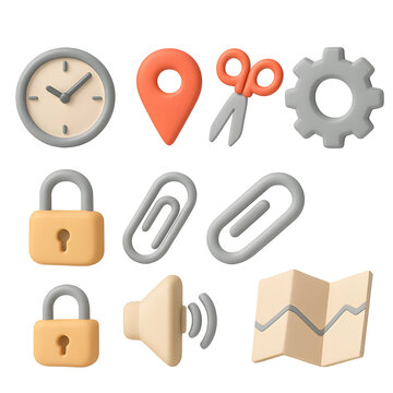 A collection of 3D rendered icons depicting time, location, editing, settings, security, linking, sound, and navigation