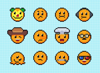 Fototapete - Pixels Y2k funny playful emoticon stickers. Love, kiss, melting smile. 8-bit retro style vector illustration for social media. Set of emoticons pixel art. Emoji pixelated icons. Various faces