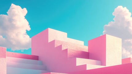 Poster - Pastel pink geometric shapes ascending against a vibrant blue sky with fluffy clouds