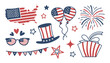 © NasimaAktar - 4th of July Vector Design with USA Flag, Fireworks, Sunglasses, and Bunting in Red, White, and Blue for American Independence Day Celebration Illustration