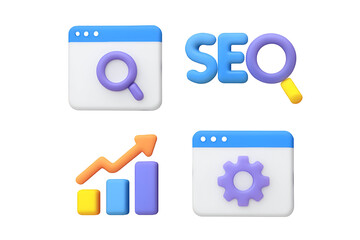 Poster - 3D icons depicting search, SEO, growth, and settings, representing online business optimization