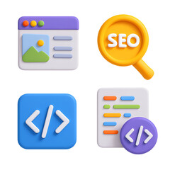 Poster - 3D icons depicting website design, SEO optimization, coding, and programming