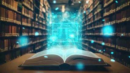 Poster - Open Book with Digital Elements in a Library Surrounded by Rows of Books and Floating Data Particles 4k video footage