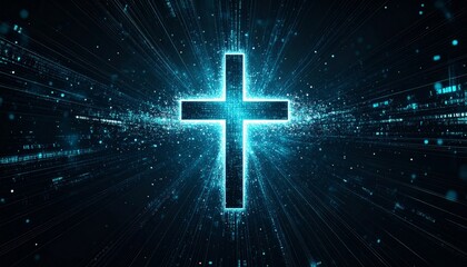 Aufkleber - Digital cross glowing amidst a cascade of data streams background