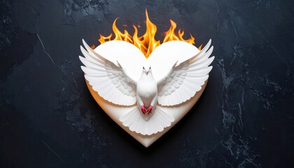 Poster - Dove of peace with Holy Spirit flame heart on a dark stone background