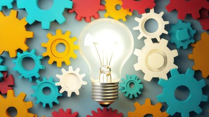 Poster - Bright Light Bulb Surrounded by Colorful Gears Representing Innovation and Creativity in Industrial Design 4k video footage
